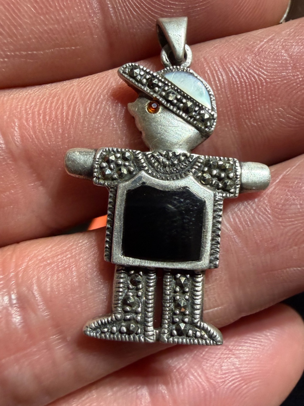 Unique Vintage 925 Sterling Silver Art Deco Marcasite Onyx Pendant